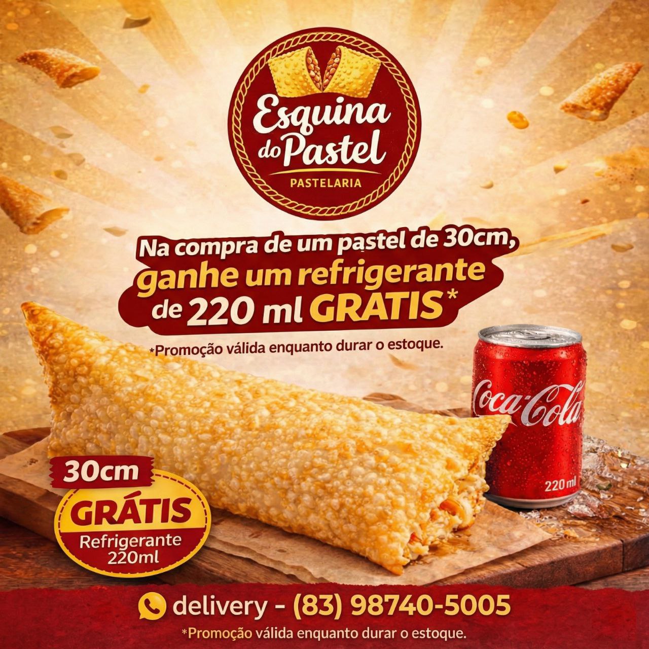 Promoção pastel 30cm com refrigerante
